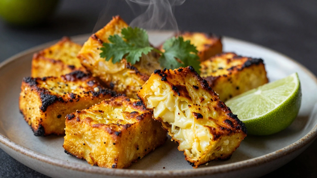 Golden brown grilled paneer tikka with charred edges and fresh garnish on a plate.