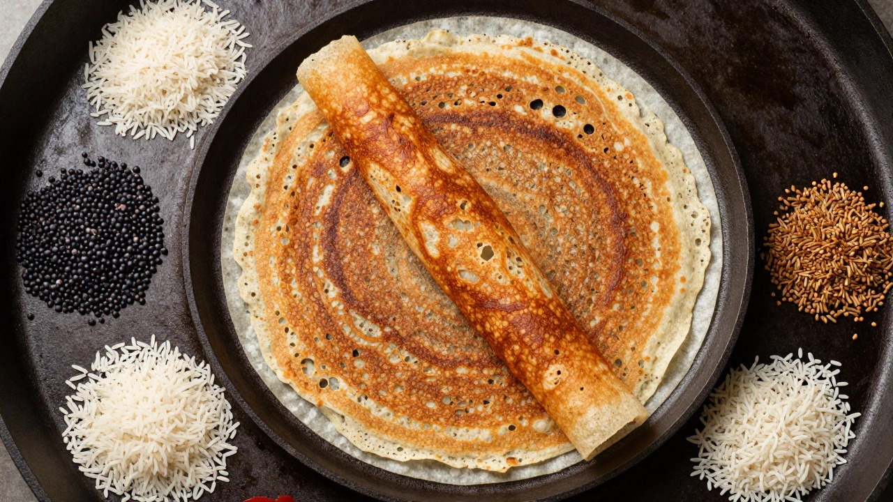 Golden crispy dosa on a cast iron tawa with raw ingredients nearby