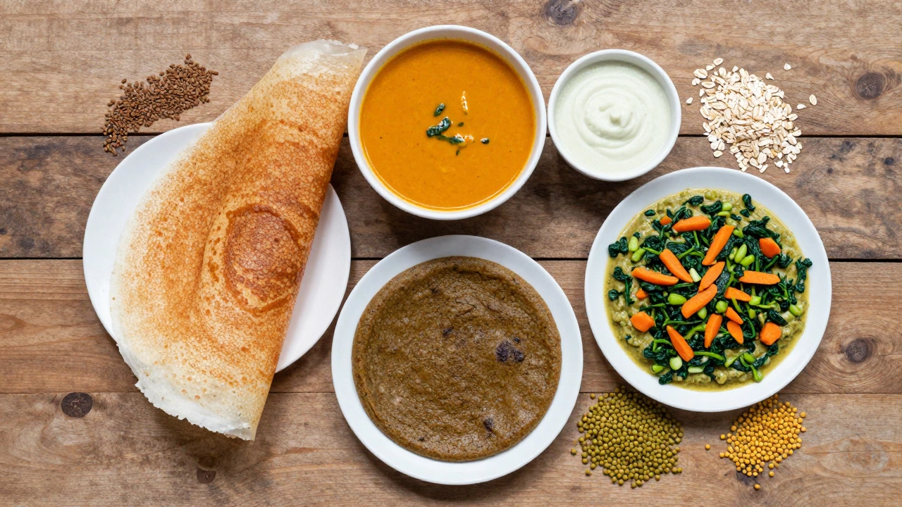 Healthy dosa variations with millets and vegetables on a wooden table