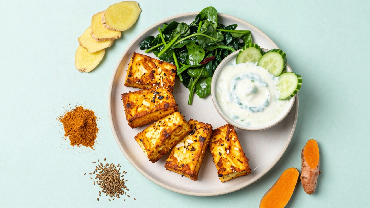 Healthy plate of steamed paneer with yogurt raita, greens, and digestive spices.