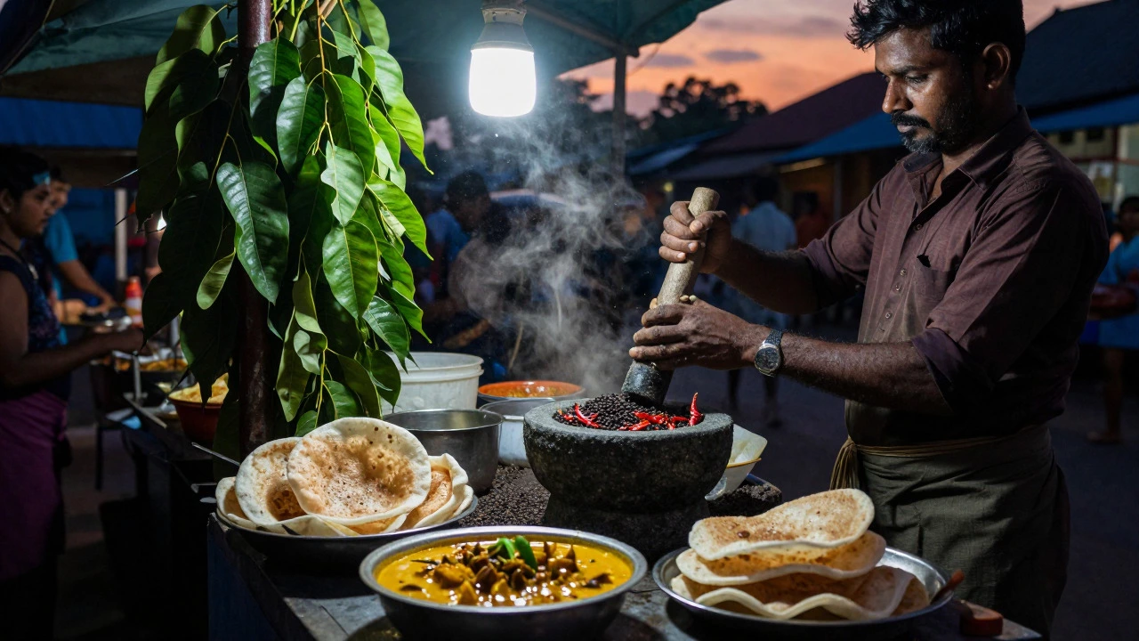 Kerala street vendor grinding spices for fish curry at night