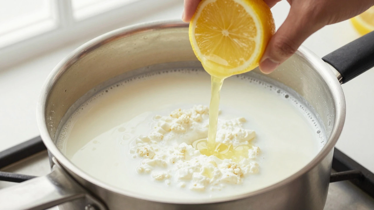 Milk curdling with lemon juice to form paneer solids