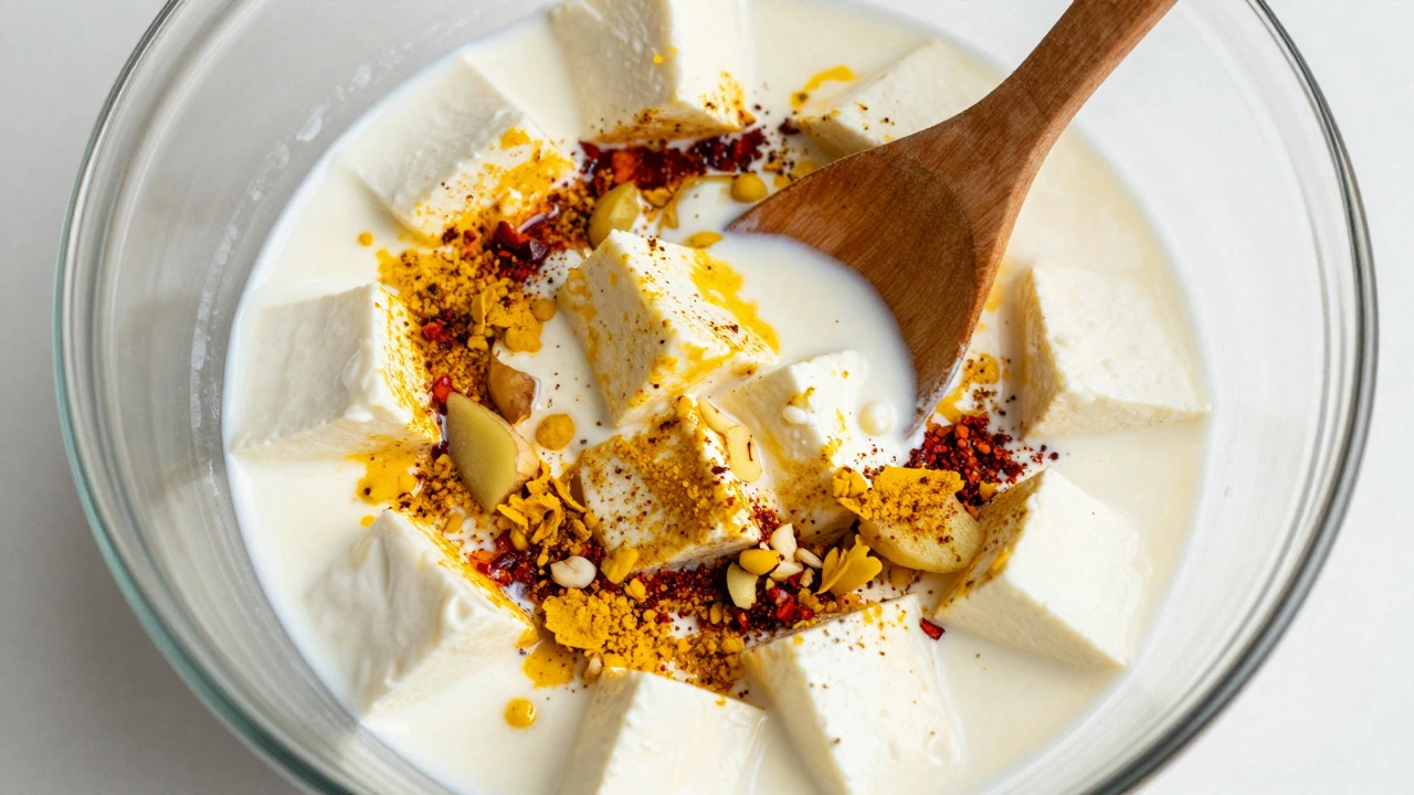 Paneer cubes being mixed in a colorful yogurt and spice marinade in a glass bowl.