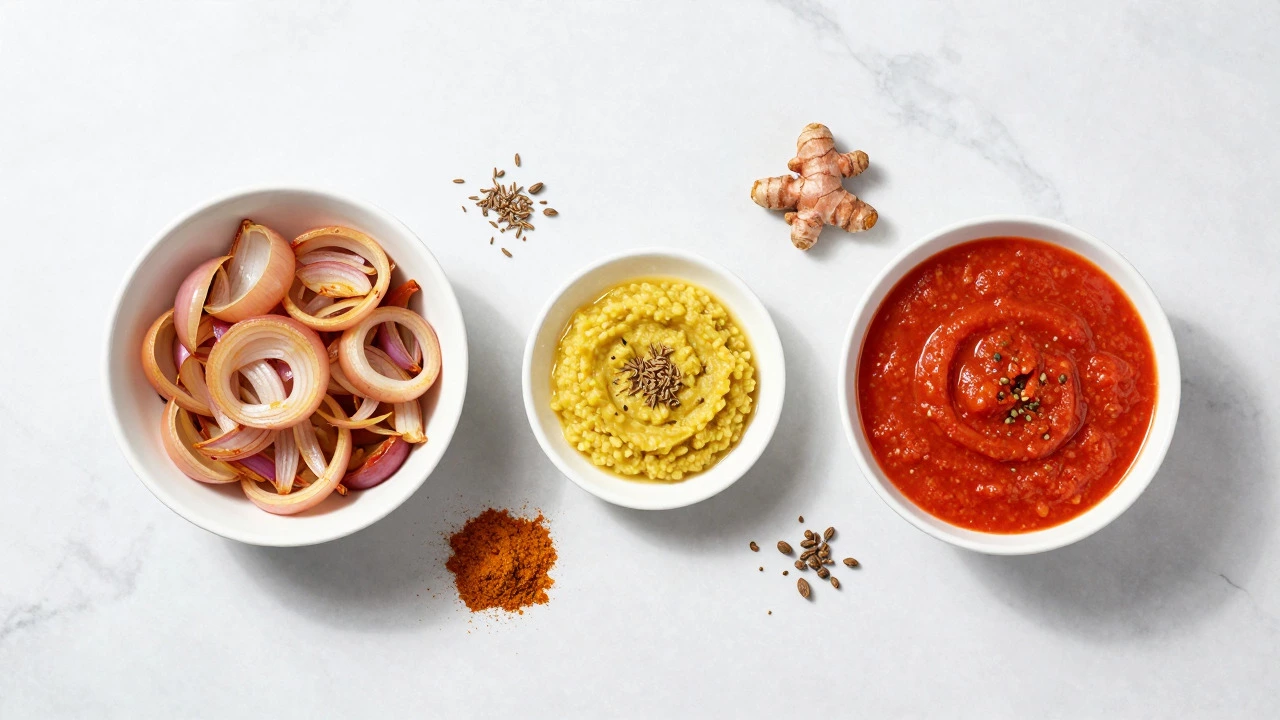 Stages of curry base preparation with spices on a marble counter