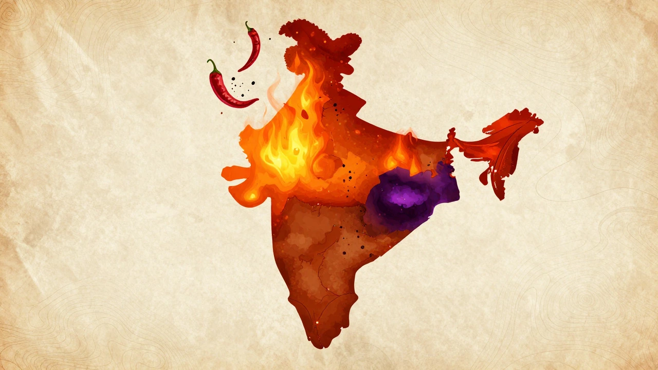 Stylized map showing spicy food regions across India