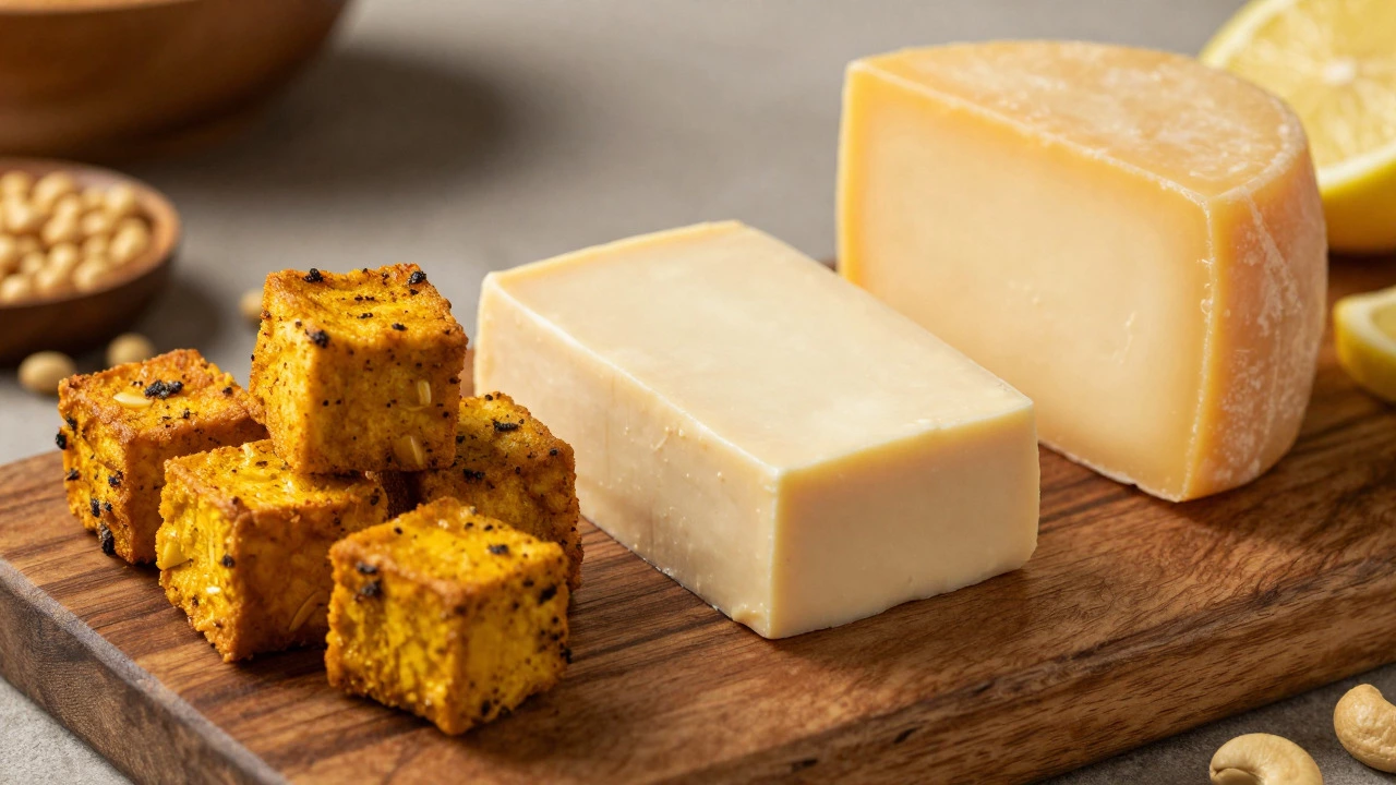 Tofu, cashew cheese, and vegan blocks on a wooden board