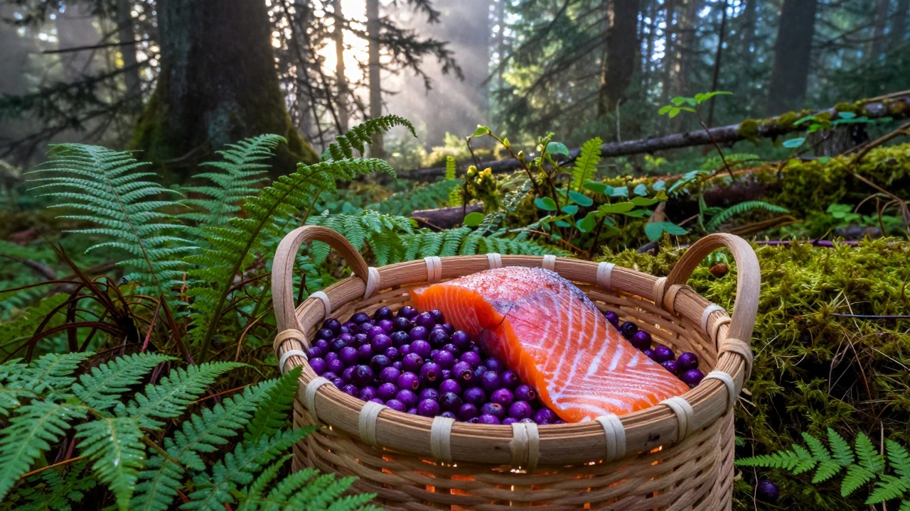 Basket of huckleberries and smoked salmon on a misty forest floor