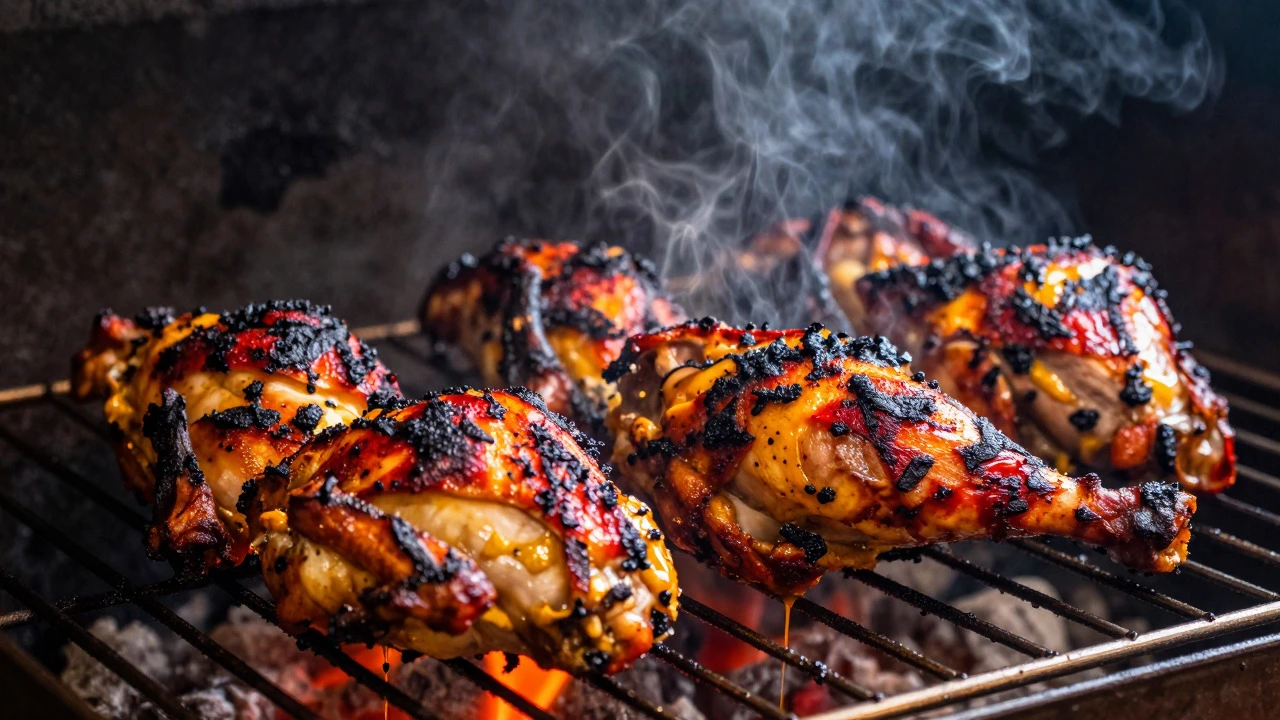 Charred tandoori chicken pieces smoking under high heat with crispy exteriors.