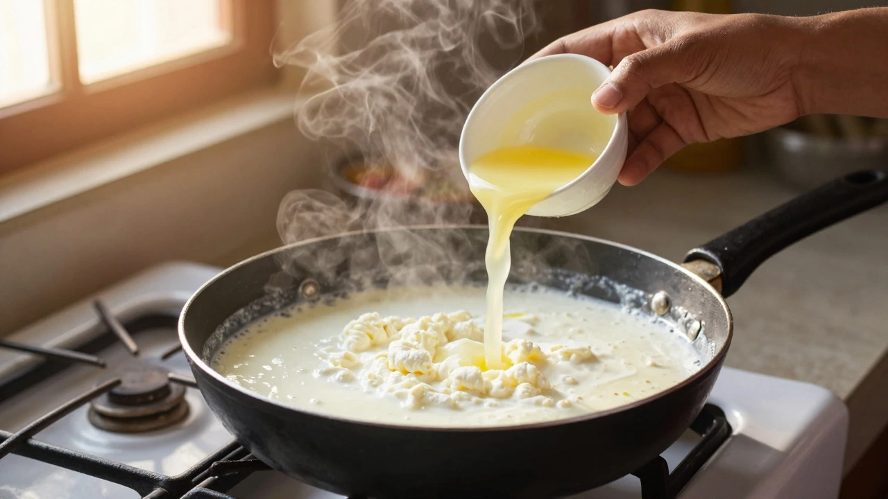 Cooking paneer in a pan on a stove while adding lemon juice to simmering milk