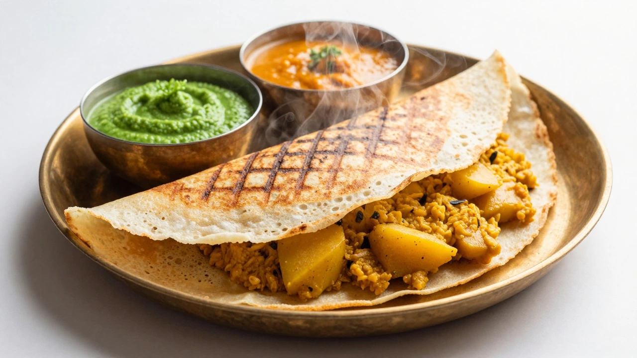 Crispy Masala Dosa with potato filling, chutney, and sambar