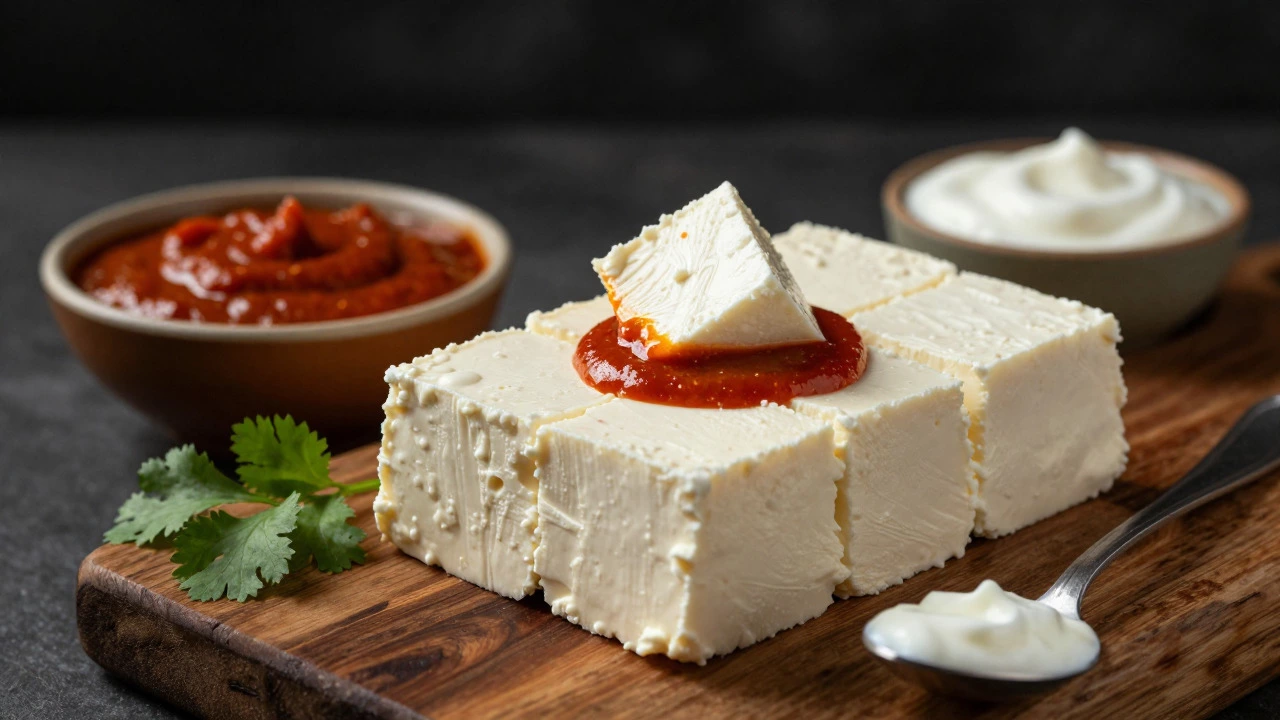 Cubes of homemade paneer served with red curry sauce and garnishes