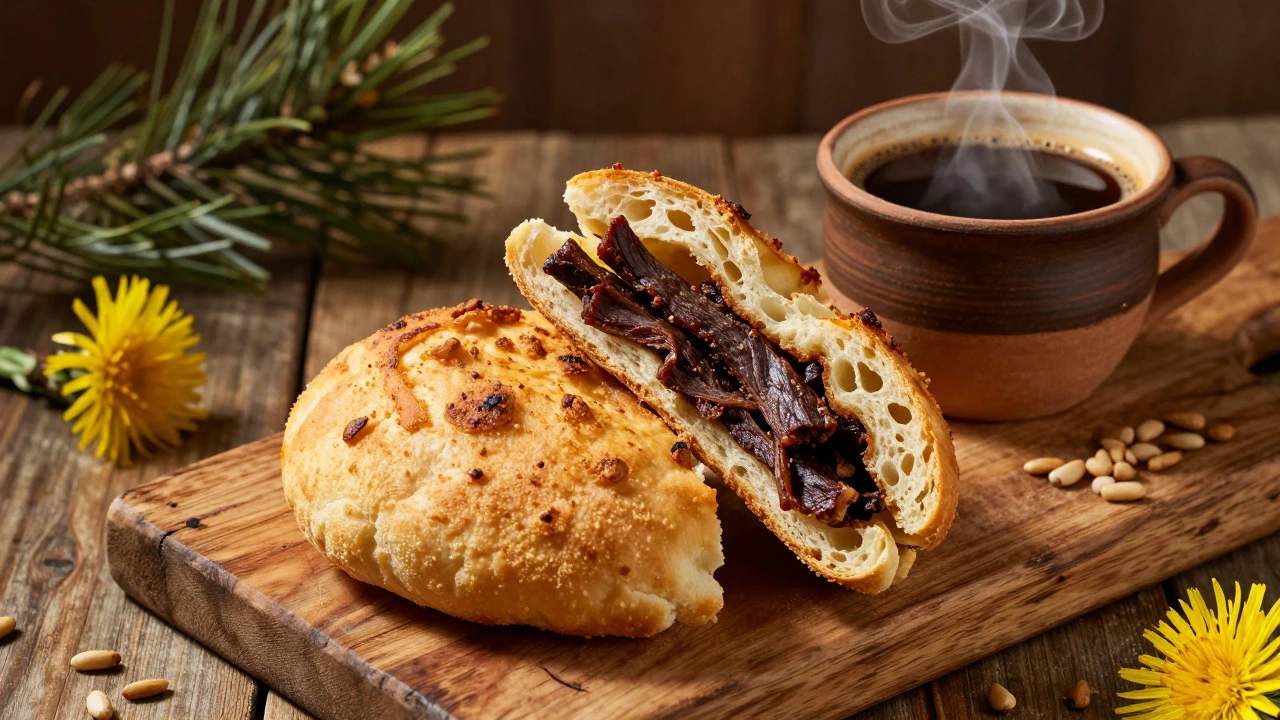 Fried bannock bread with jerky and dandelion root coffee on wood