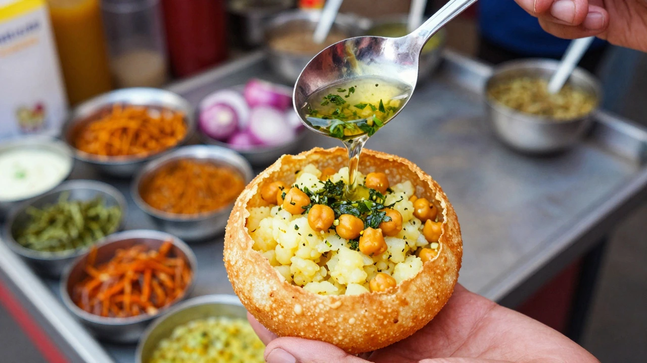 Hand holding Pani Puri shell being filled with spiced water