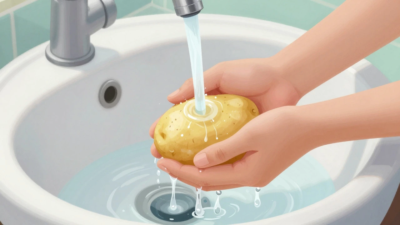 Hands washing a potato under filtered water