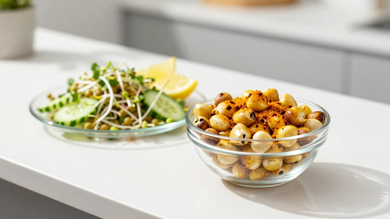 Healthy roasted makhana and sprout chaat salad on a bright, modern kitchen counter.