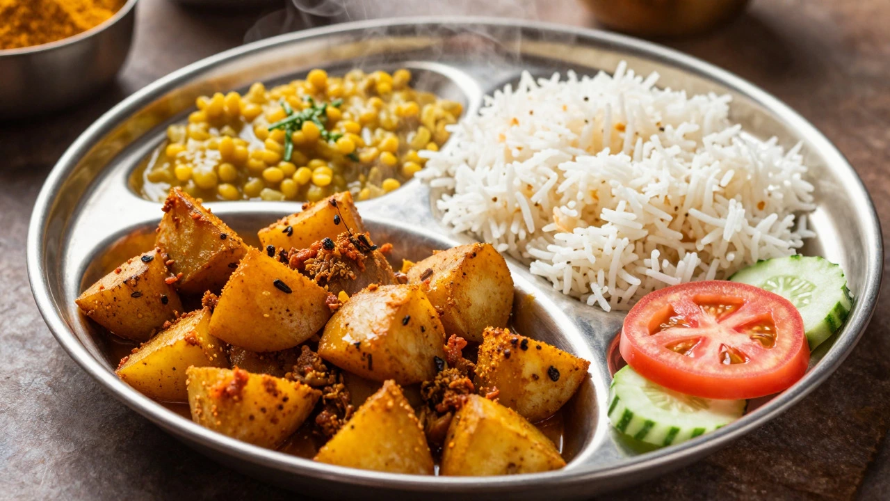 Jain thali with aloo bhaji, rice, and dal