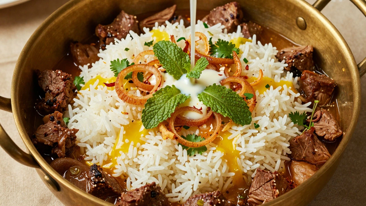 Layered biryani ingredients in a cooking pot