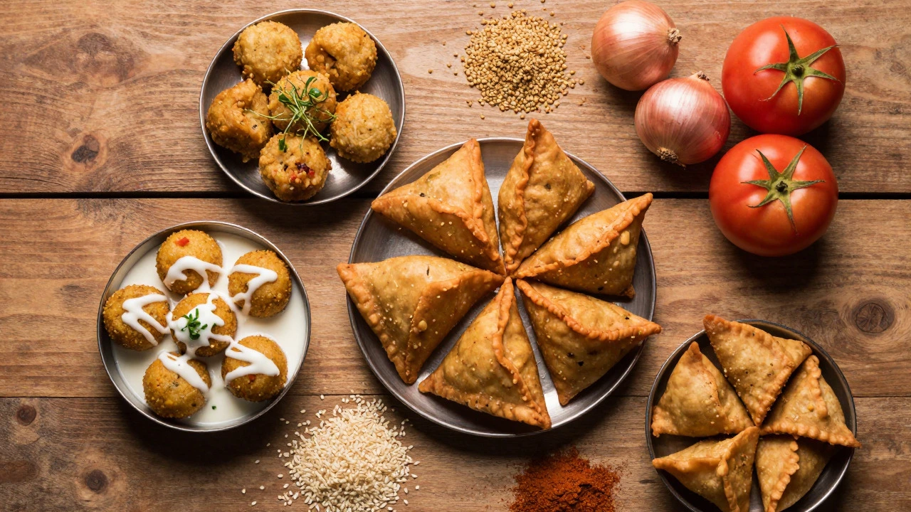 Overhead view of various Indian snacks including samosa, dahi vada, and makhana.