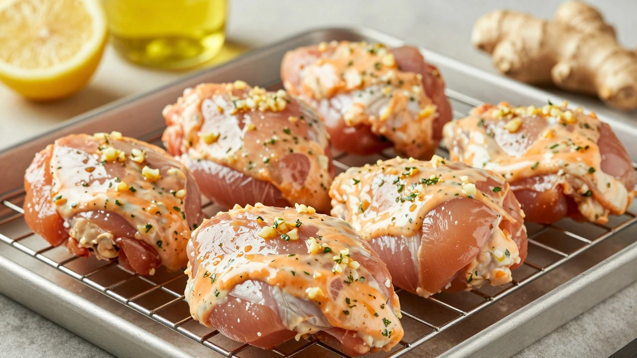 Raw chicken pieces coated in thick orange yogurt marinade on a wire rack.