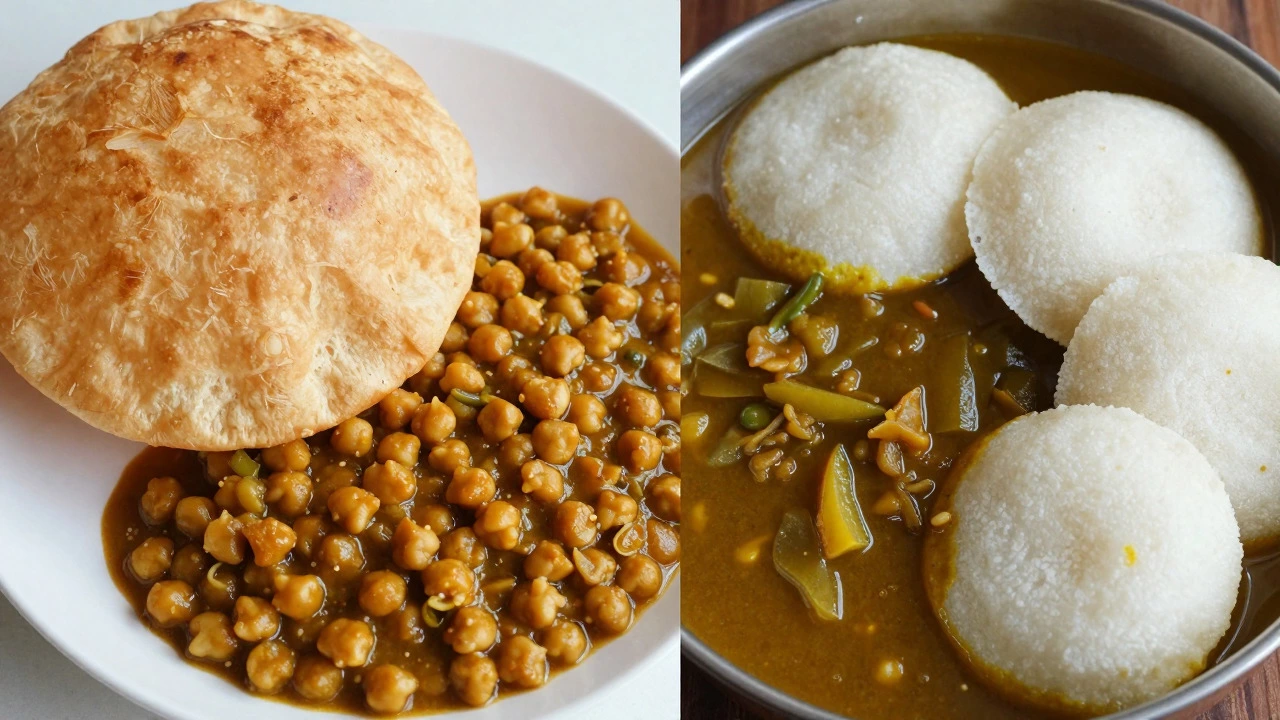 Side-by-side display of chole bhature and idli sambar dishes