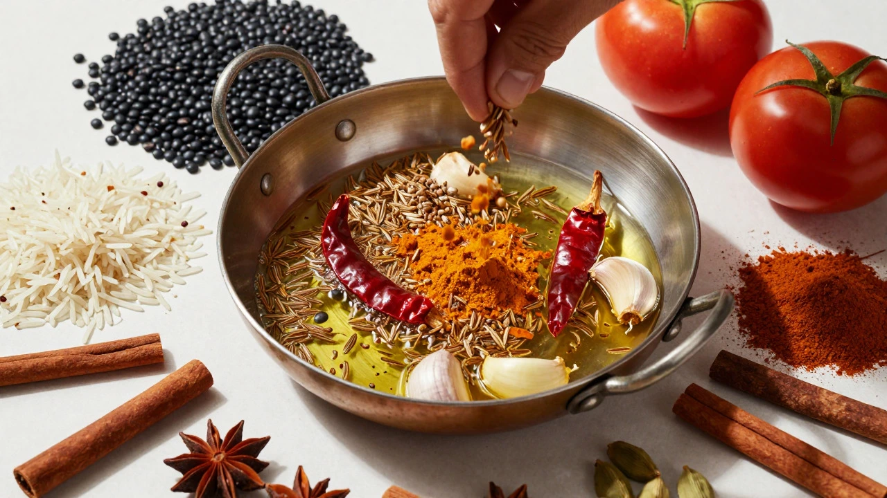 Spices sizzling in hot oil during the tadka tempering process