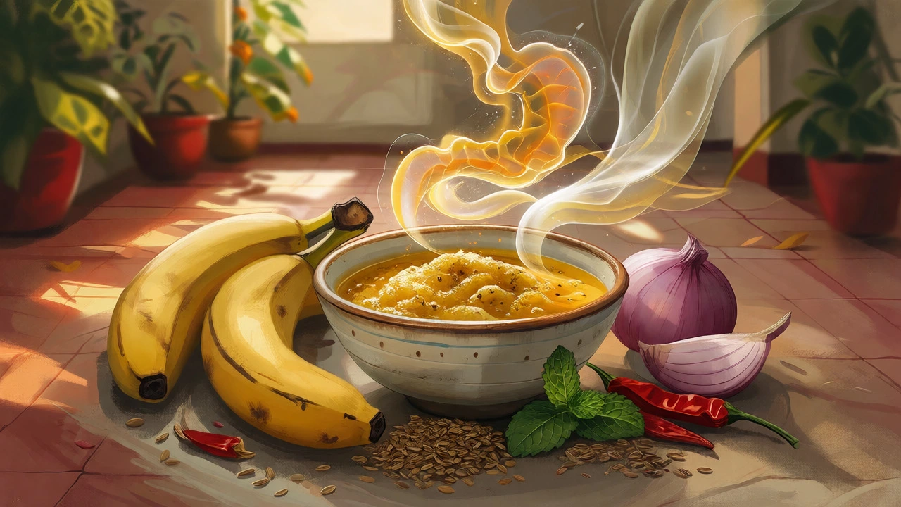 Artistic illustration of banana chutney surrounded by spices and soothing energy
