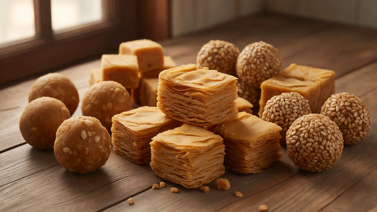 Assortment of long-lasting Indian sweets including Soan Papdi, Besan Ladoo, and Til Ladoo on wood.