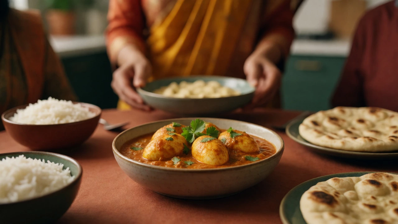 Bowl of Indian Egg Curry with rice and naan on a dining table
