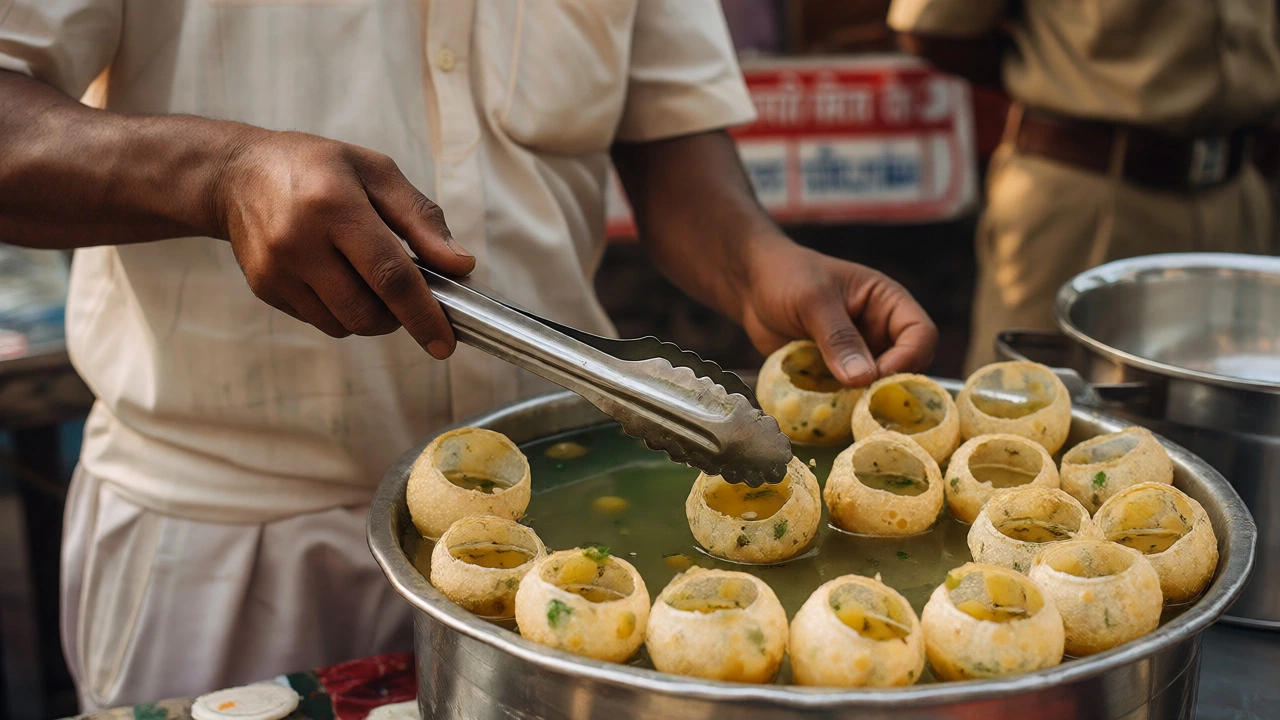 Close-up of a vendor's hands preparing pani puri with clean utensils on a busy street.