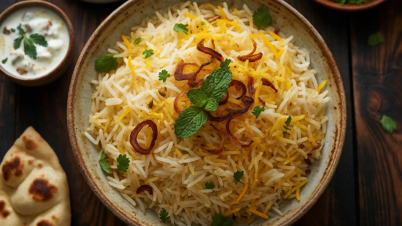 Finished plate of fluffy Awadhi biryani with distinct rice grains