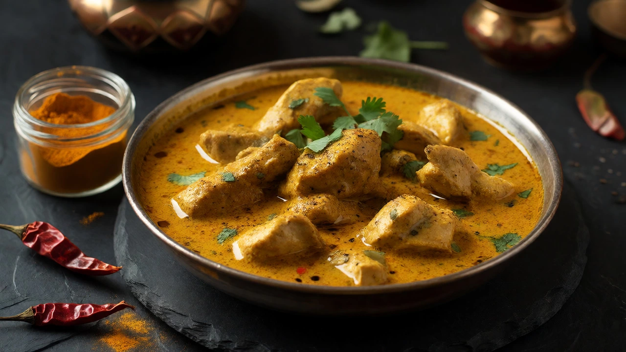 Golden chicken curry garnished with cilantro and black pepper