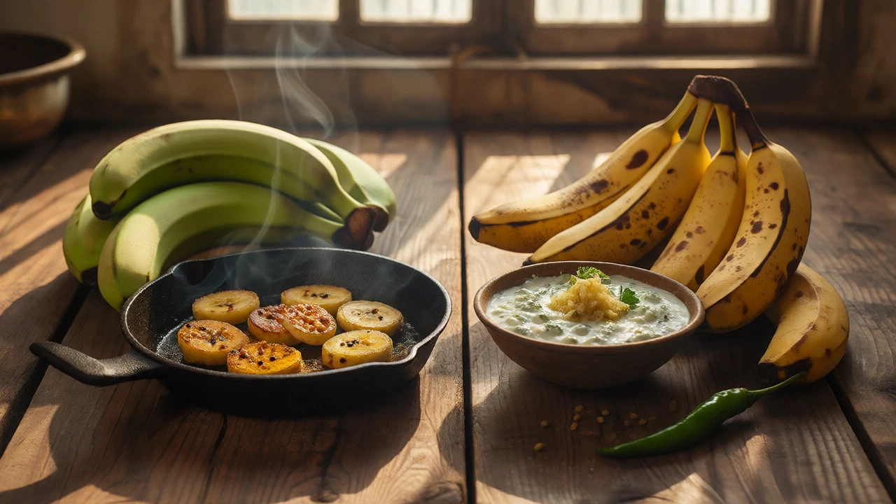 Green and ripe bananas with fried slices and yogurt chutney on a wooden table