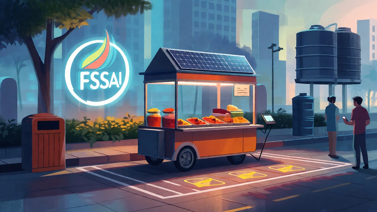 Modern street food cart with digital payments and FSSAI branding in a planned urban zone.