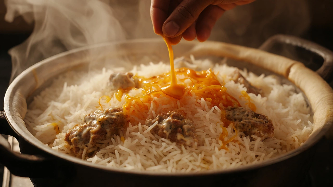 Saffron milk being drizzled over layered biryani in a sealed pot