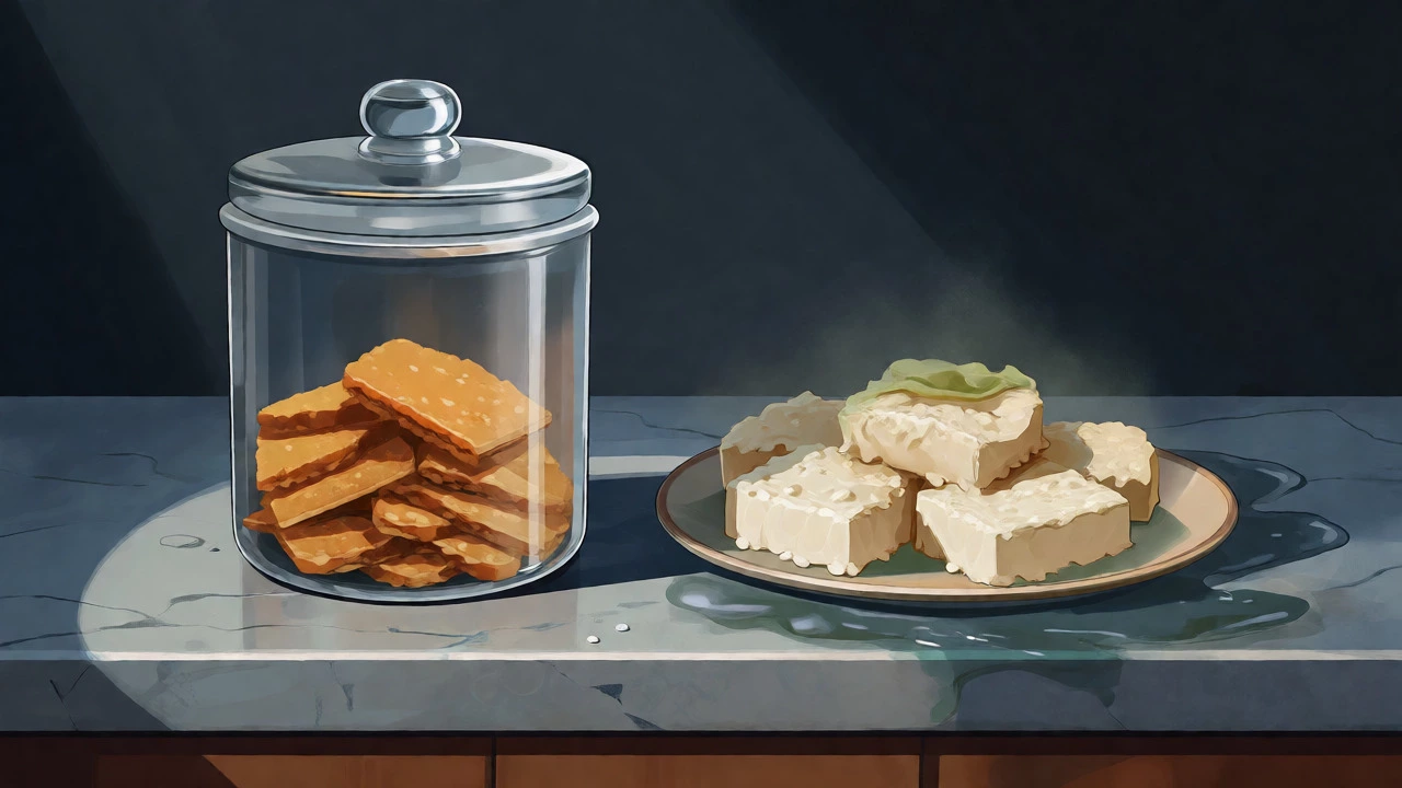 Sealed jar of dry Kaju Katli contrasting with spoiling Rasmalai to illustrate shelf life differences.