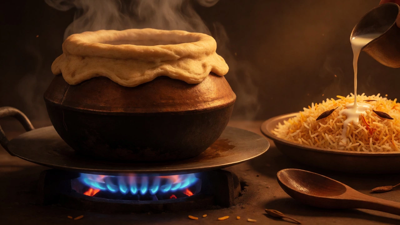 Sealed pot on low heat with saffron milk being poured over finished biryani