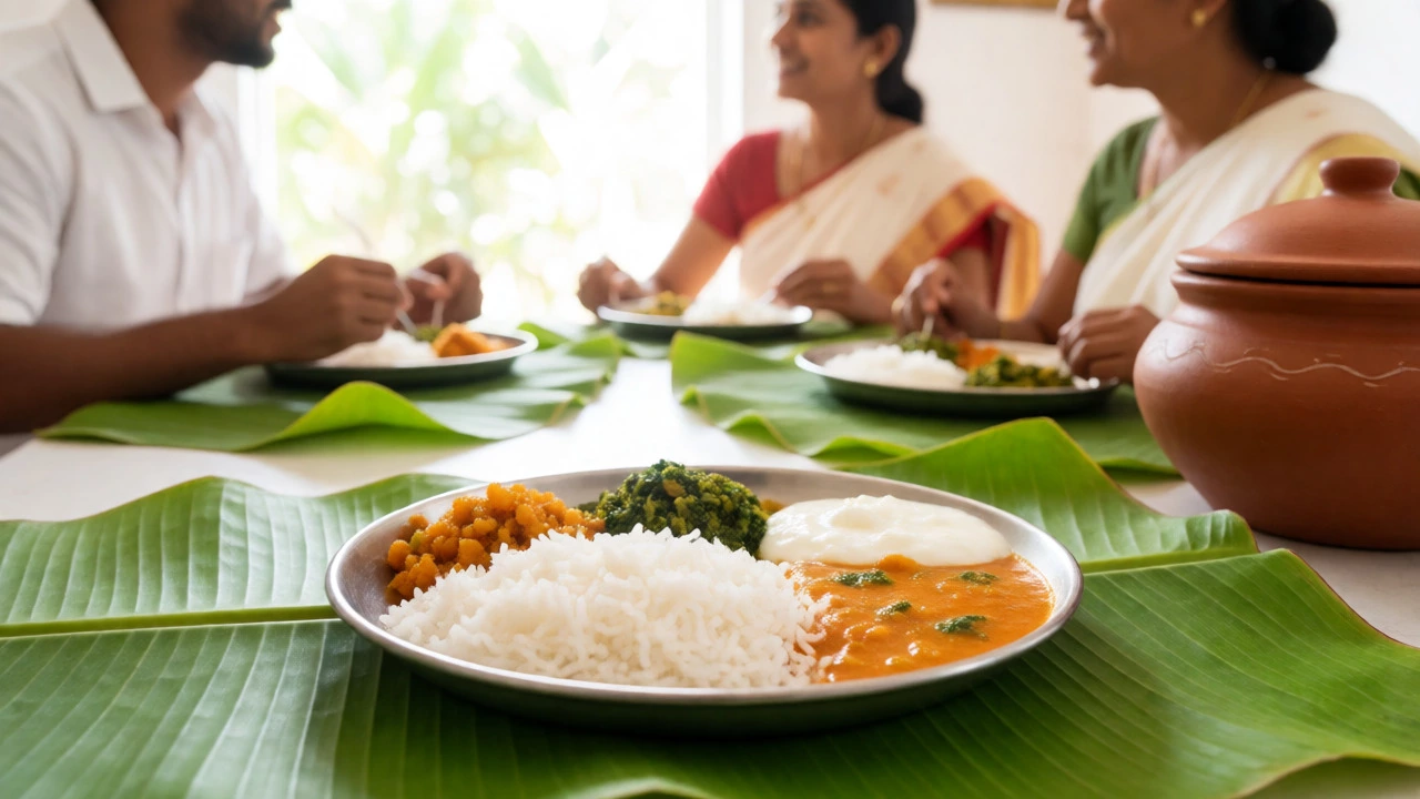 South Indian lunch served on banana leaves with rice and sambar