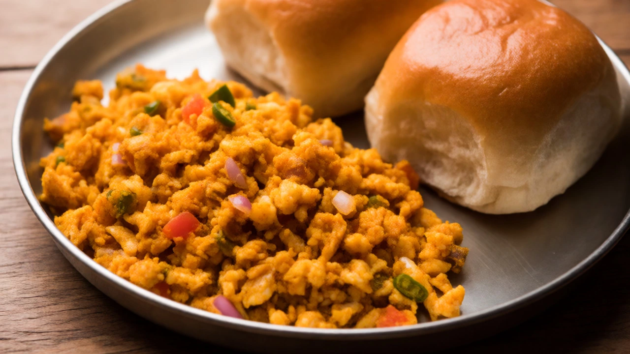 Spicy Indian Egg Bhurji served with buttered bread rolls on a steel plate