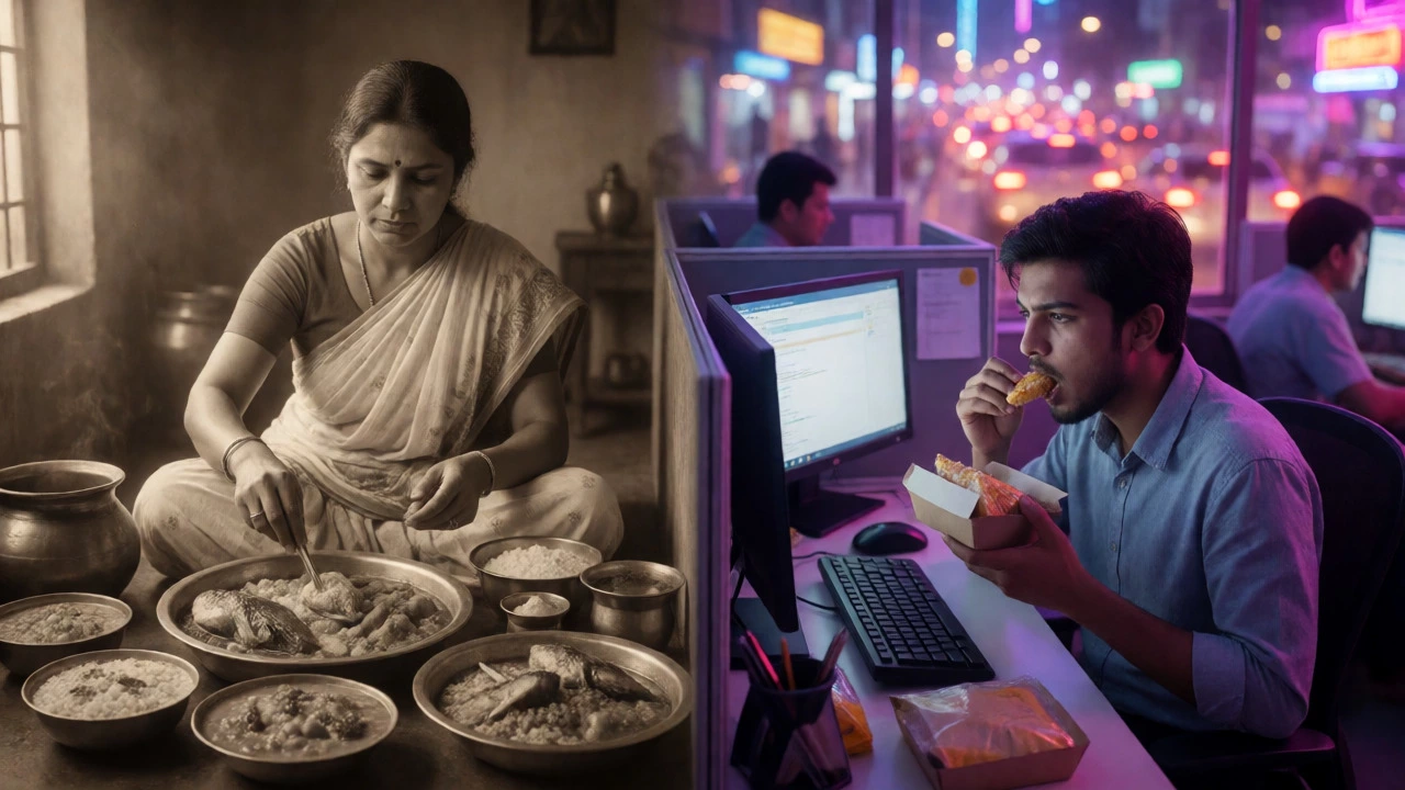 Split view of traditional Bengali lunch vs modern urban snacking