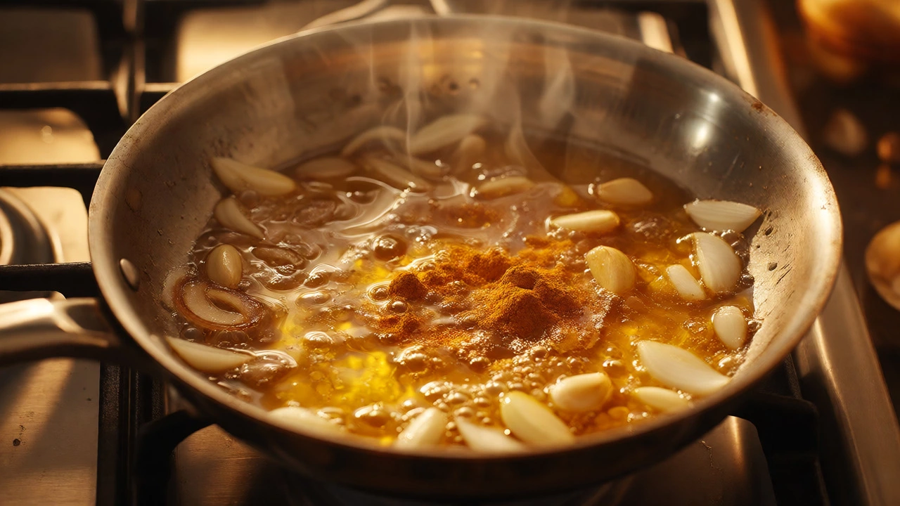 Turmeric blooming in hot ghee with onions in a steel pan