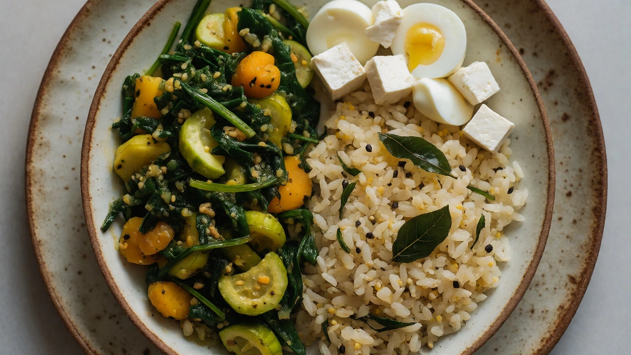 Balanced Indian breakfast plate with veggies, upma, and paneer
