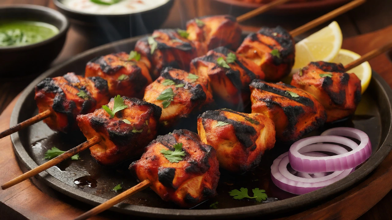 Charred tandoori chicken tikka skewers with chutney and garnishes