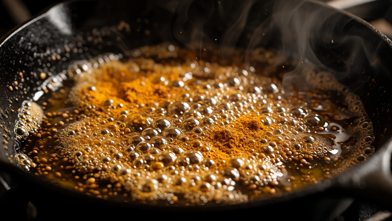 Close-up of mustard seeds and turmeric blooming and bubbling in hot ghee inside a black cast-iron pan.