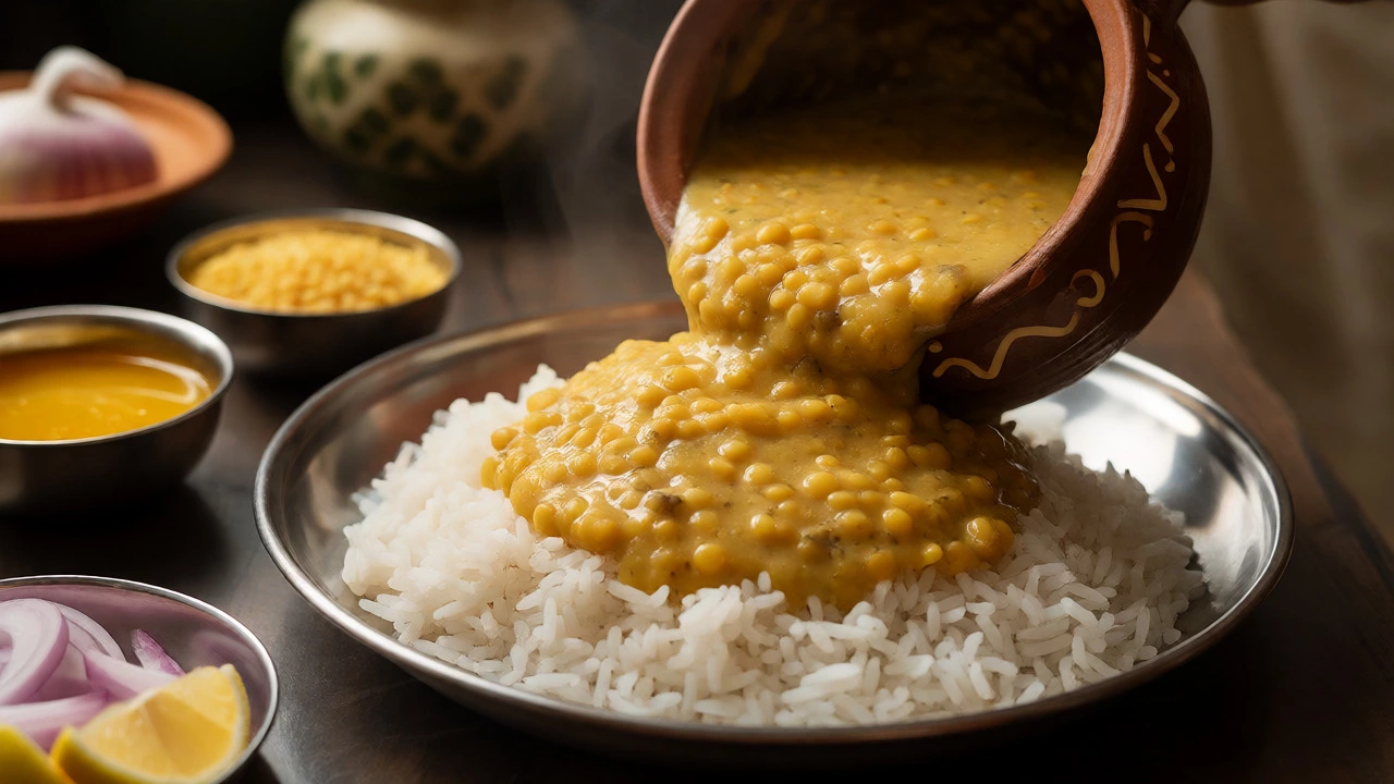 Close-up of yellow dal being poured over steamed rice in a traditional Indian thali.