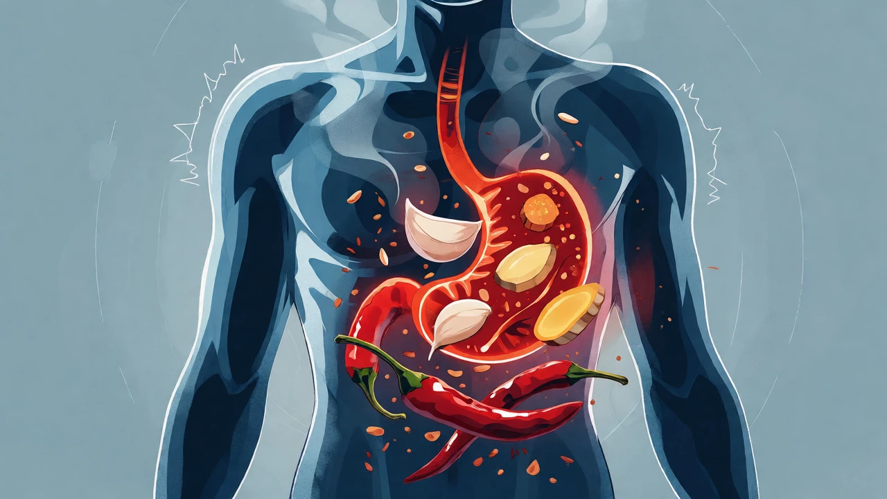Conceptual illustration of chili and garlic causing digestive distress in a torso