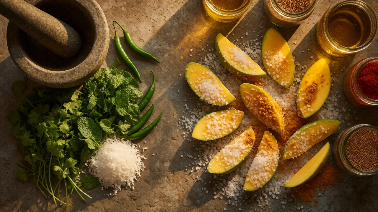 Flat lay of fresh chutney herbs and salted mango slices for pickle preparation on stone.