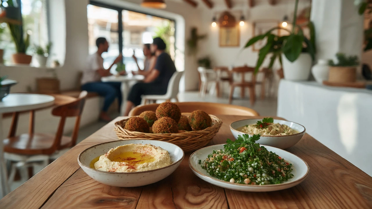 Fresh Mediterranean vegetarian spread including hummus, falafel, and tabbouleh in a sunny modern Tel Aviv cafe.