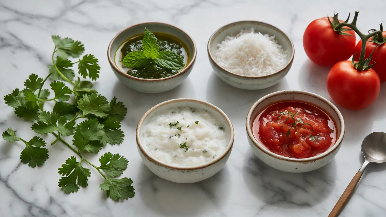 Fresh mint, coconut, and tomato chutneys in small bowls on a marble counter