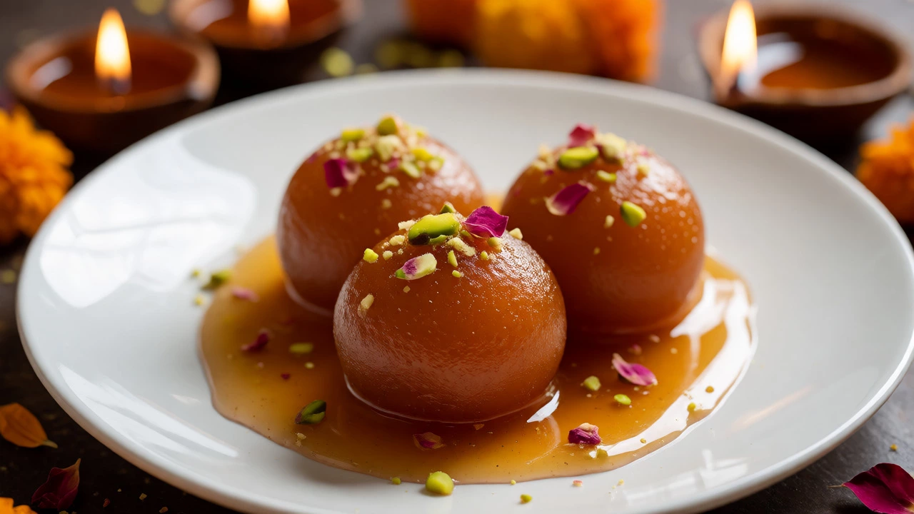 Gulab Jamun garnished with pistachios on a festive Diwali table