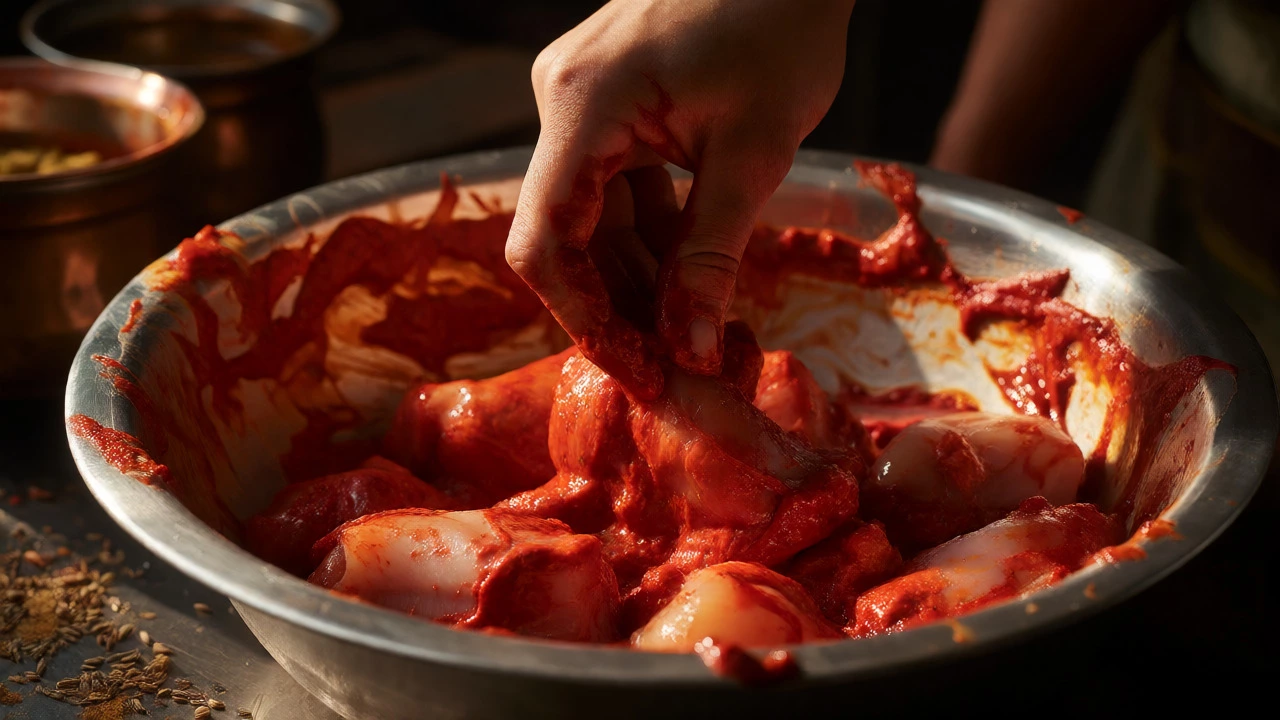 Hands mixing raw chicken pieces into vibrant red tandoori marinade